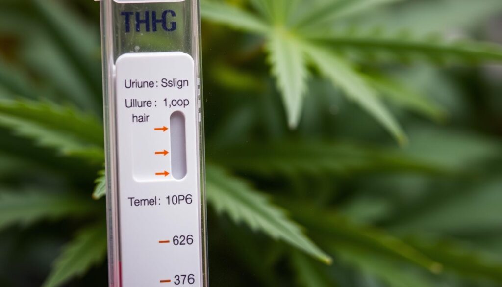 A close-up of a transparent drug testing kit with visible marijuana leaves in the background, showcasing various detection methods like urine, saliva, and hair samples, with a gradient of colors representing time intervals, and abstract elements symbolizing THC metabolites.