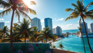 A picture of Miami's skyline with palm trees.