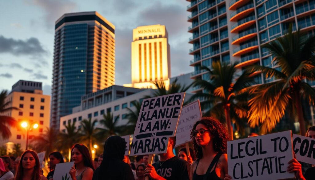 A picture of people holding up signs on Miami beach to legalize medical marijuana.
